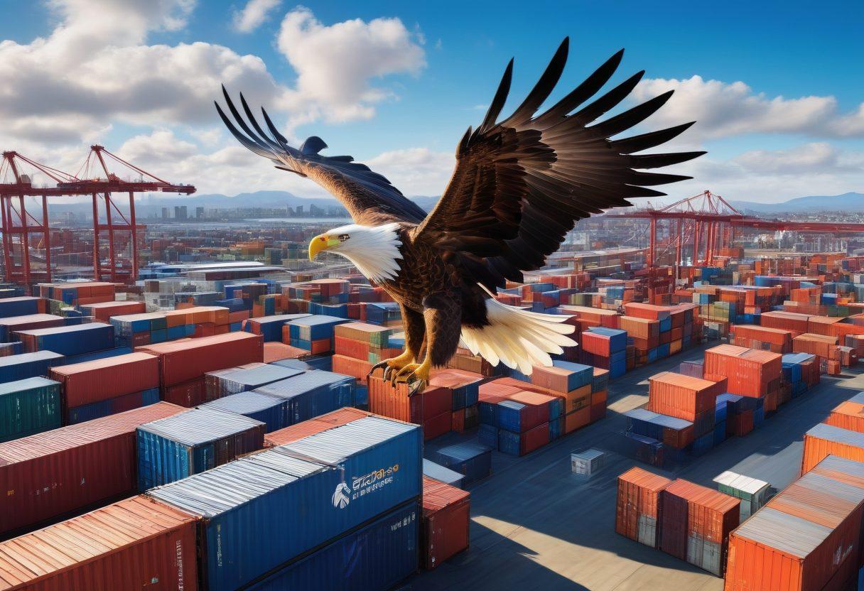 A majestic eagle soaring high above a bustling logistics hub, with containers, trucks, and cranes in the background, symbolizing efficiency and freedom in freight solutions. Warm sunlight reflects off the eagle's wings, highlighting its powerful presence. The sky is a vibrant blue, with fluffy white clouds adding depth. Capture the spirit of adventure and precision in logistics. super-realistic. vibrant colors. 3D.