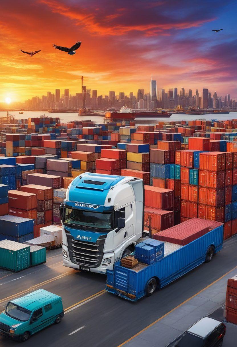 A majestic eagle soaring above a bustling cityscape, symbolic of efficient logistics and freight delivery. Below, diverse vehicles like trucks and cargo ships navigate busy roads and waterways, illustrating the journey from cargo to delivery. The skyline features modern warehouses and shipping containers, highlighting the logistics theme. Include vibrant skies with a sunset backdrop for a dynamic feel. super-realistic. vibrant colors. 3D.