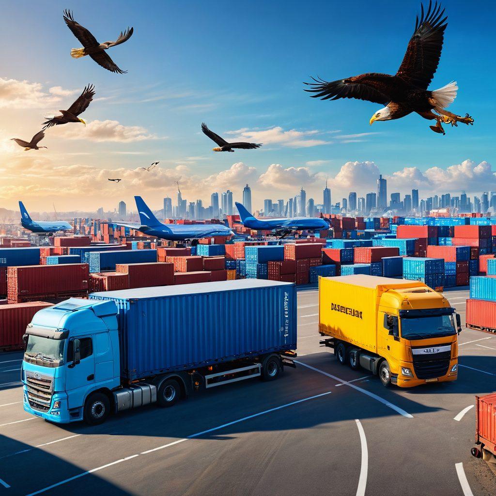 A dynamic scene depicting a modern freight transport hub with eagles soaring majestically above cargo trucks and containers, symbolizing swift and efficient delivery. Include diverse workers collaborating and checking logistics on digital devices, with a clear blue sky in the background. The overall atmosphere should convey speed, reliability, and partnership in transport. super-realistic. vibrant colors. 3D.